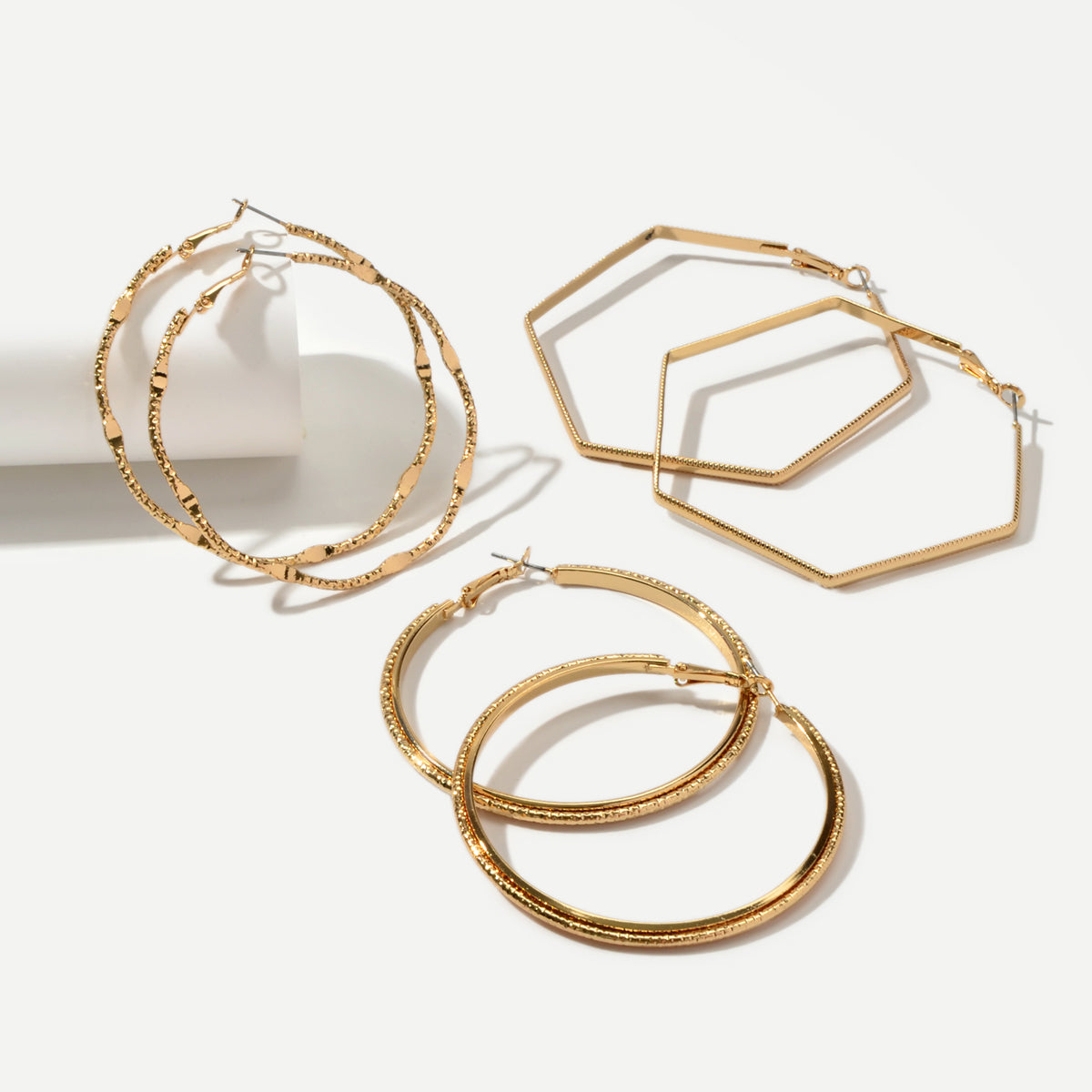 Statement 3pairs Gold Metal Circle Square Big Hoop Dangle Earrings set for Women-0