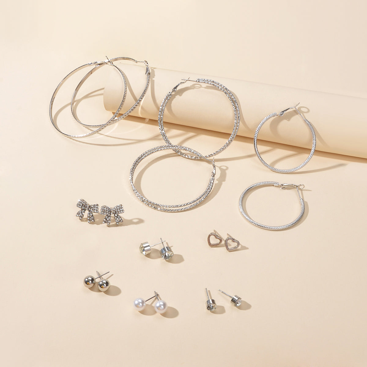 9 pairs Earrings set Rhinstone Ball Pearl Heart Bow Stud Gold Silver Hoop Jewelry-0