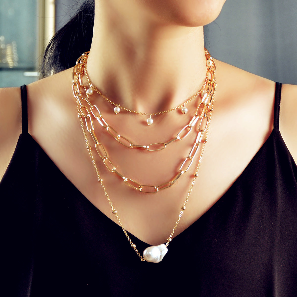 Statement Pearl Charm Multi-layer Gold Chunky Collar Necklace Party Decoration-0