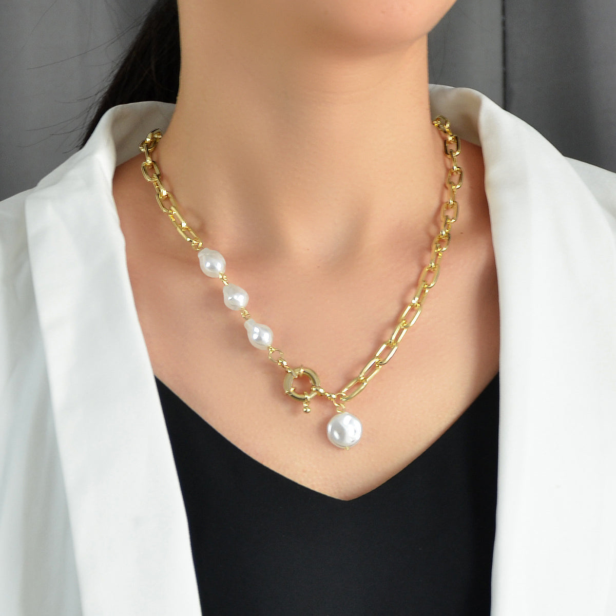 Statement Thick Pearl Decor Gold Chain Collar Necklace Women Party Decoration-0