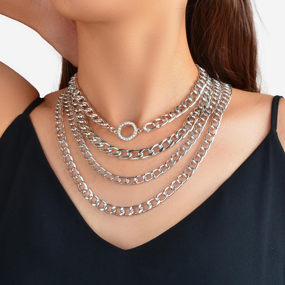 Rhinestone Decor Layered Necklace Chunky Collar Punk Choker-3