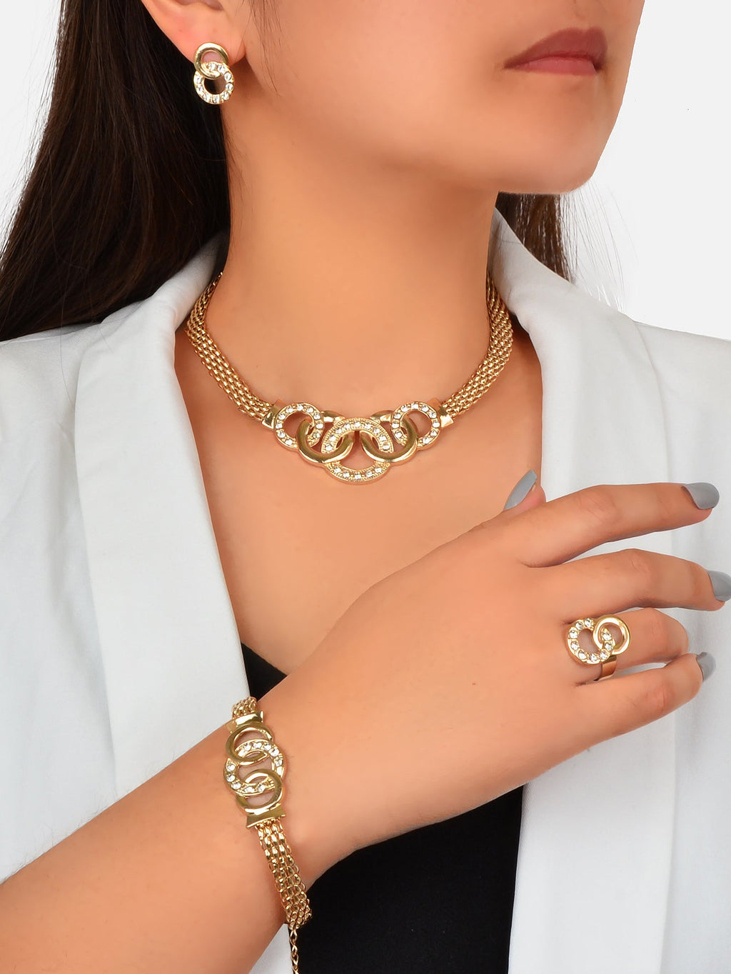 Jewellery set Rhinestone Gold Chain Statement Necklace Bracelet Earrings Ring-0
