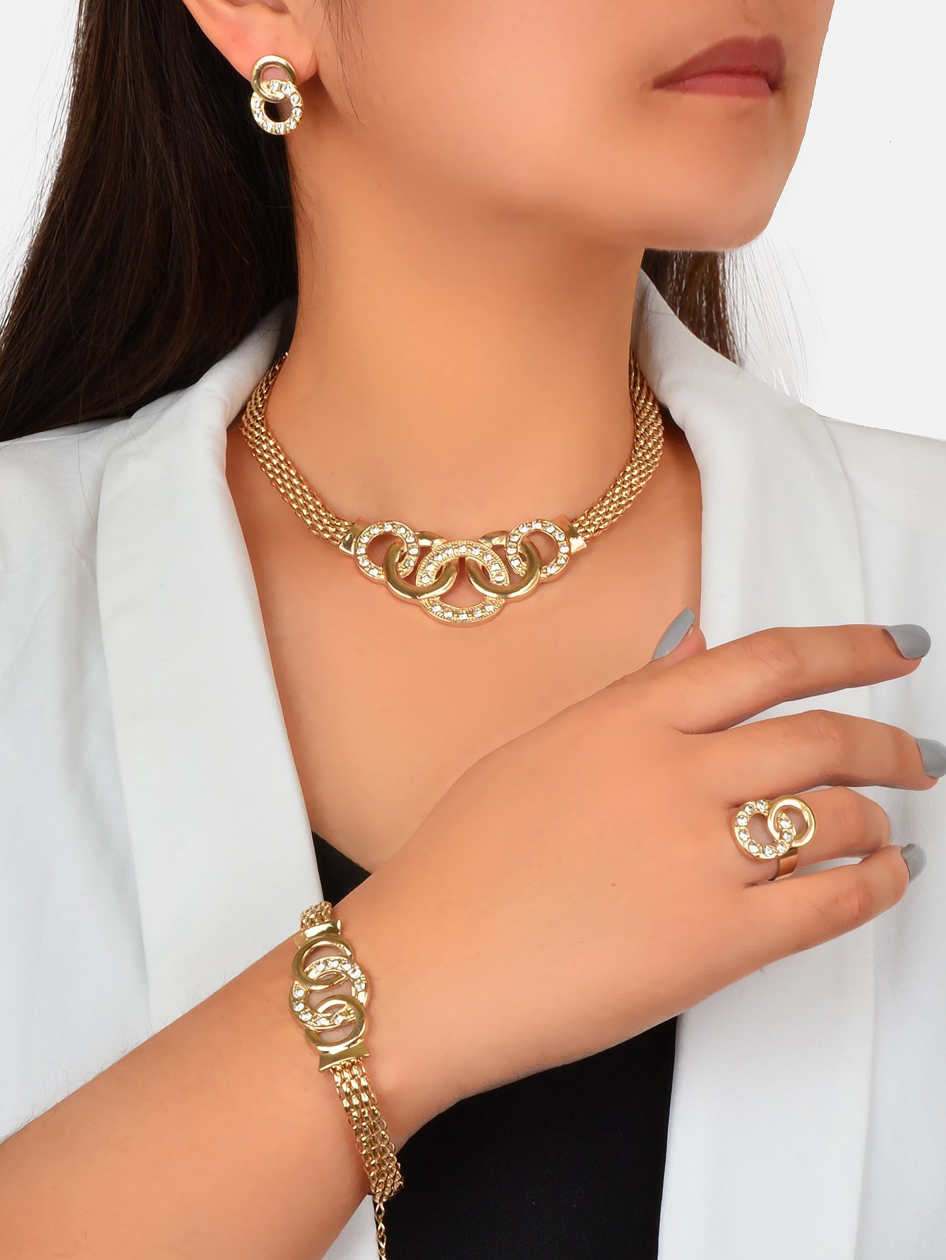Jewellery set Rhinestone Gold Chain Statement Necklace Bracelet Earrings Ring-0