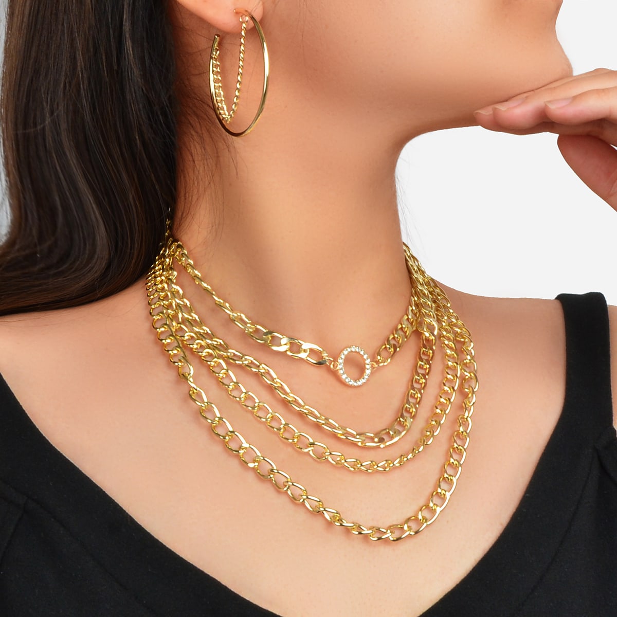 Gold Multi-Layer Chunky Chain Necklace with Tassel Earrings Statement Jewelry Set-0