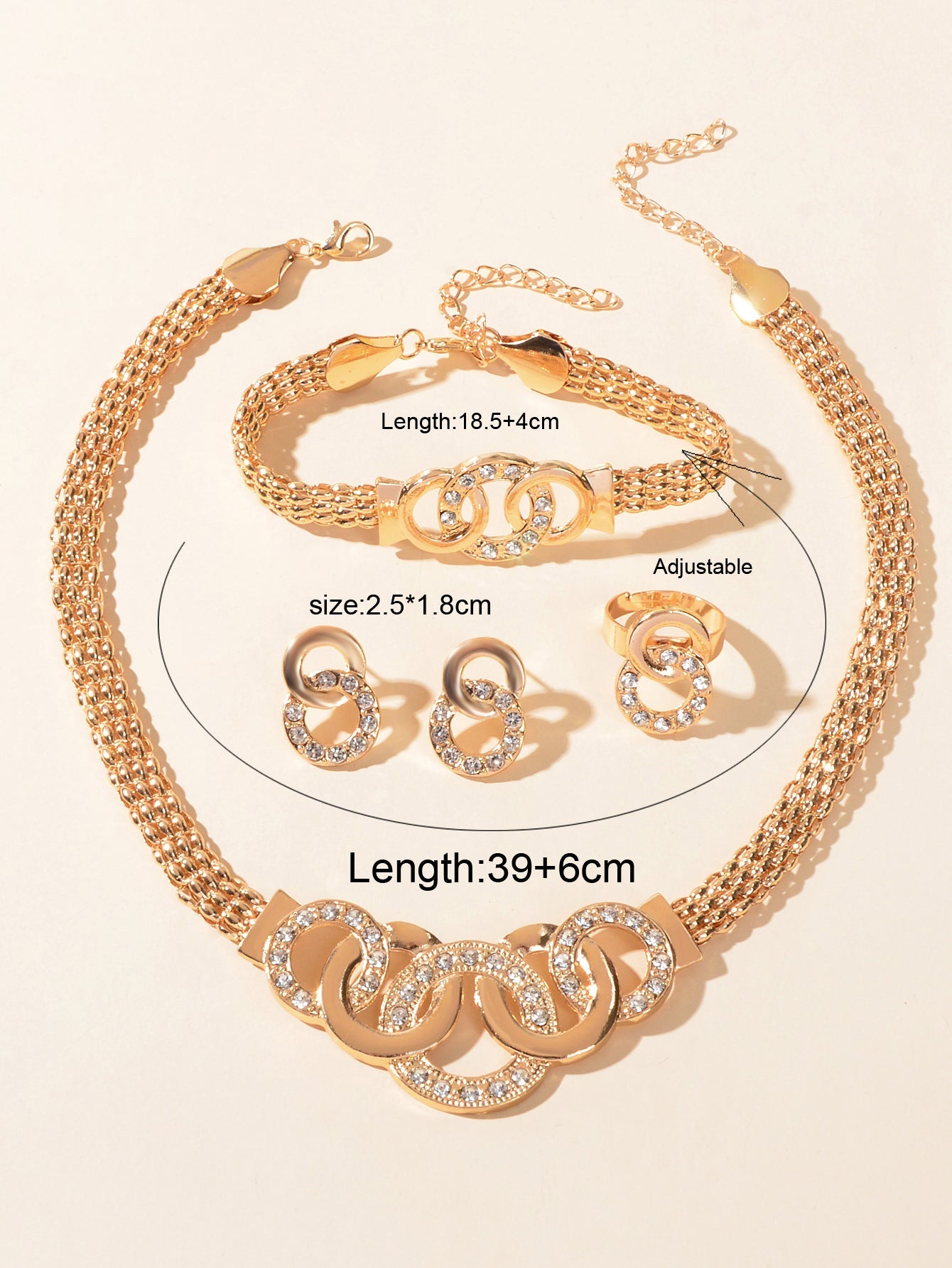 Jewellery set Rhinestone Gold Chain Statement Necklace Bracelet Earrings Ring-3