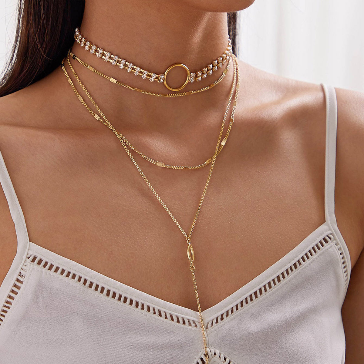 Ladies Jewellery Rhinestone Multi-layer Gold Chain Y Shape Pendant Necklace Gift-0