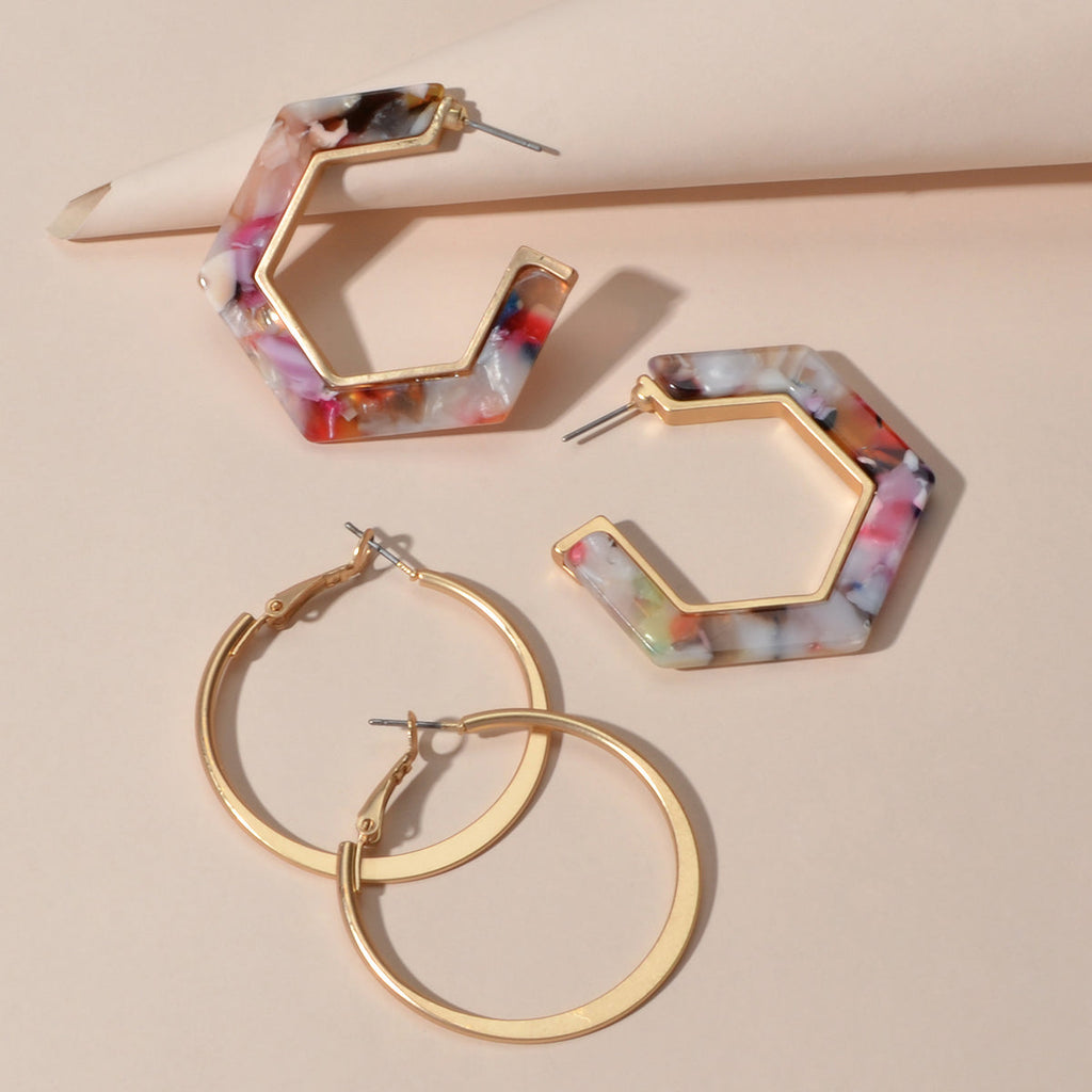 Boho Chic 2 pairs Multicolor Acrylic Square Circle Party Hoop Earrings set Gift-0