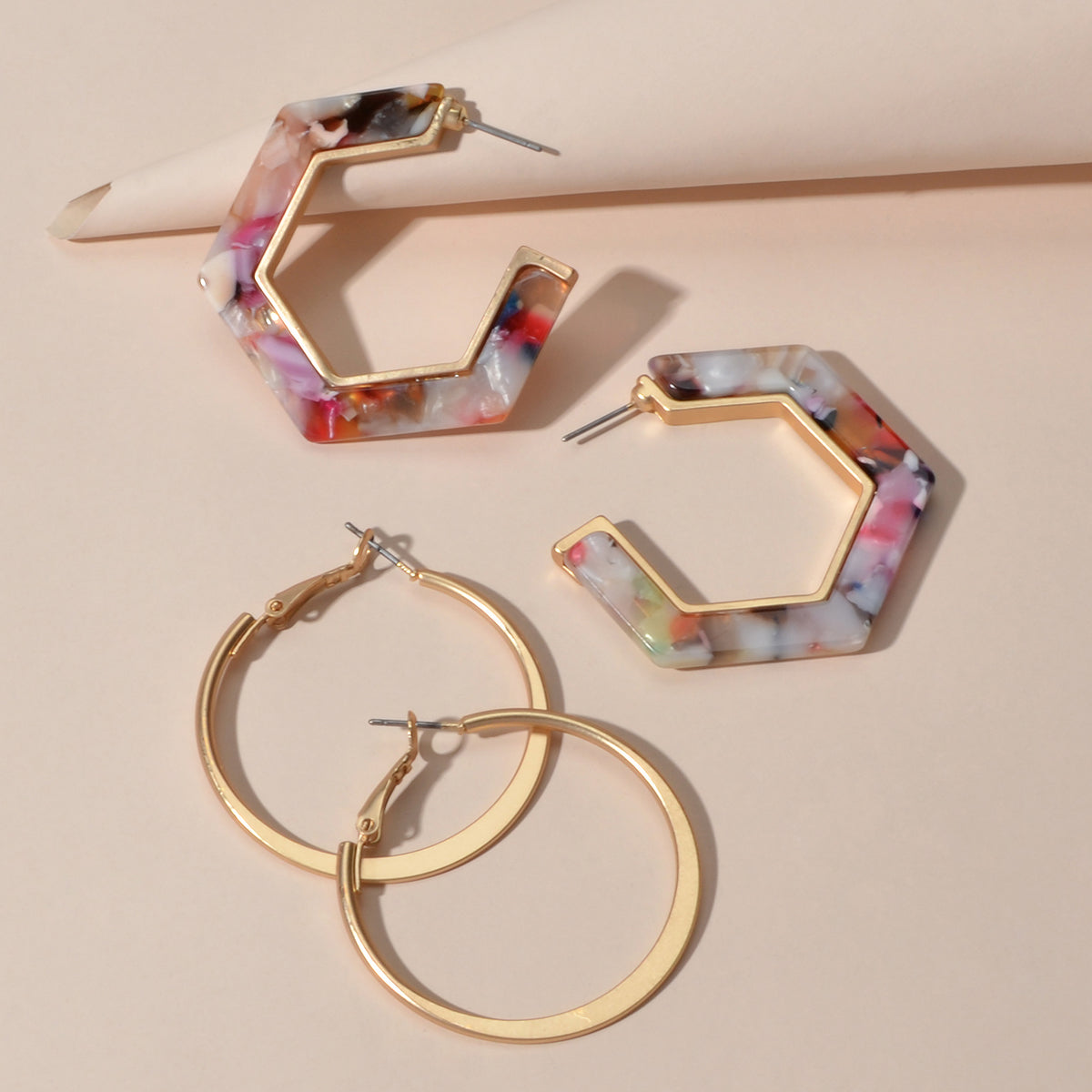 Boho Chic 2 pairs Multicolor Acrylic Square Circle Party Hoop Earrings set Gift-0