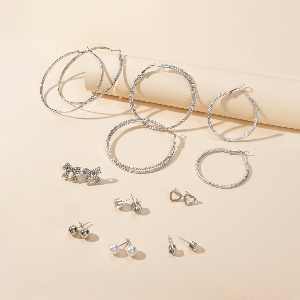 9 pairs Earrings set Rhinstone Ball Pearl Heart Bow Stud Gold Silver Hoop Jewelry-0