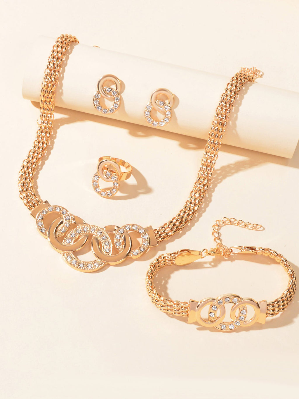 Jewellery set Rhinestone Gold Chain Statement Necklace Bracelet Earrings Ring-2