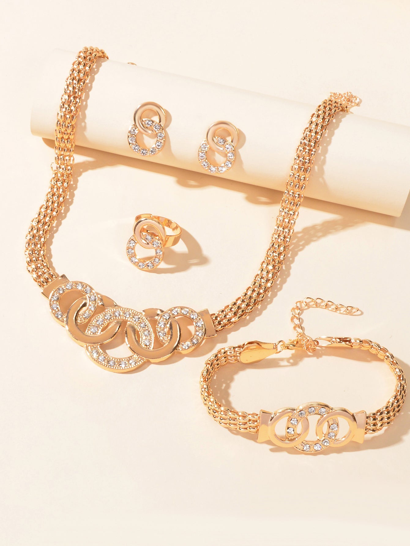 Jewellery set Rhinestone Gold Chain Statement Necklace Bracelet Earrings Ring-2
