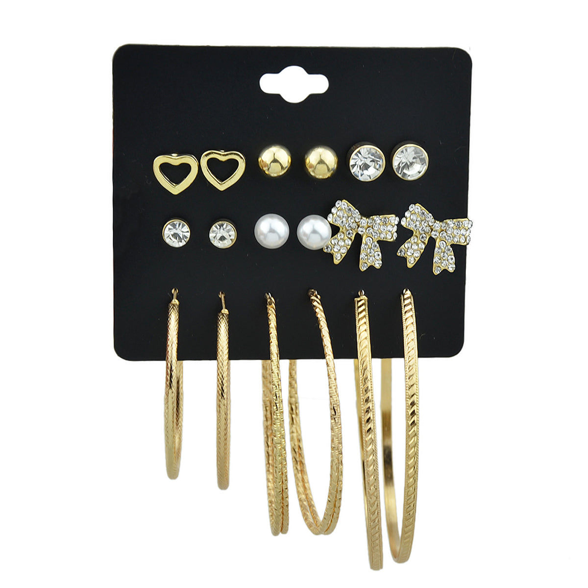 9 pairs Earrings set Rhinstone Ball Pearl Heart Bow Stud Gold Silver Hoop Jewelry-5