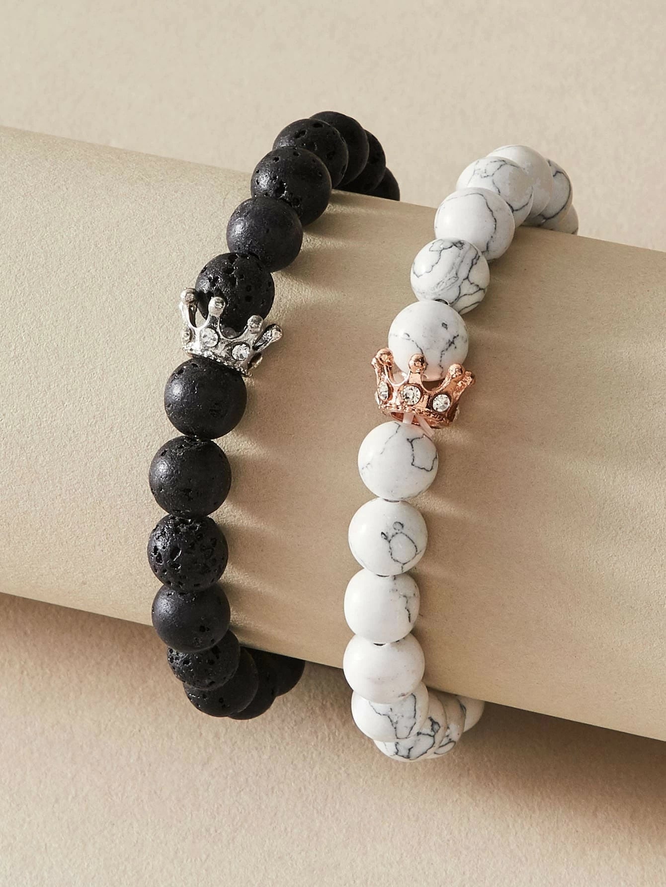 2pcs Crown Marble Lava Stone Beads Boho Ethnic Bracelet set Chunky Jewelry Gift-0