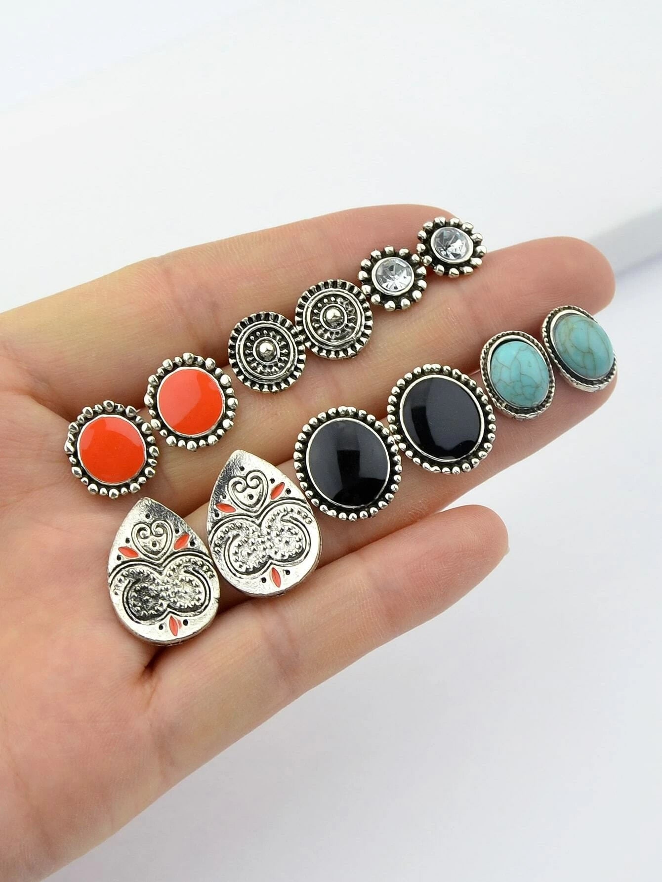 6 Pairs Designer Traditional Antique Silver Geometric Turquoise Stud Earrings-0