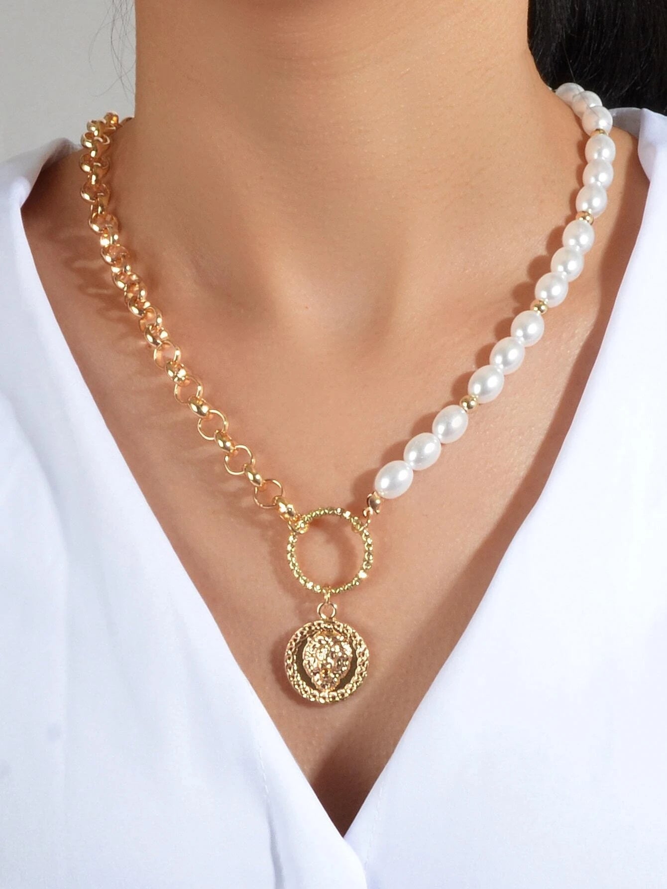 Gold Chain with Pearl Lion Head Round Pendant Necklace Chunky Gothic Jewellery-0
