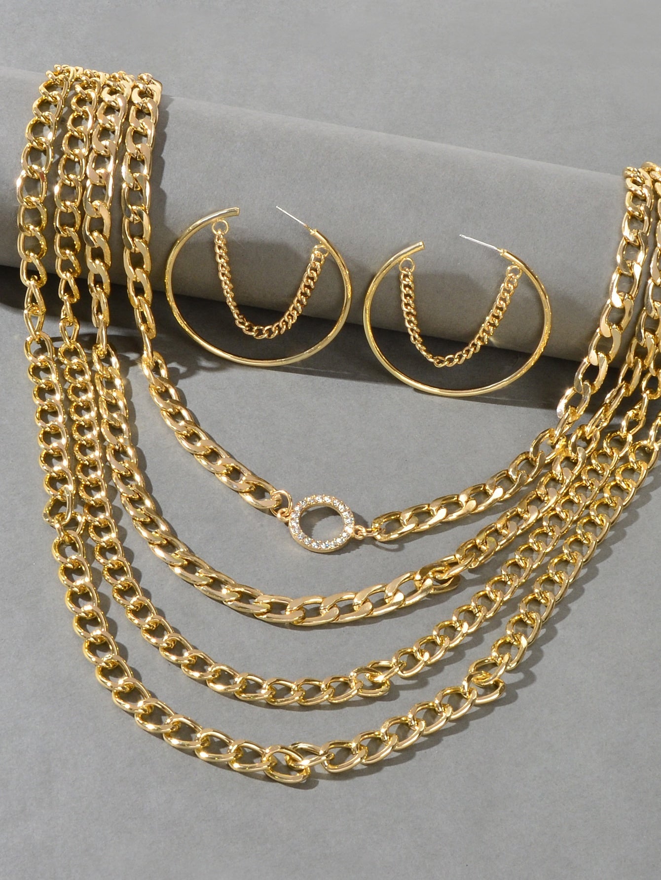 Gold Multi-Layer Chunky Chain Necklace with Tassel Earrings Statement Jewelry Set-2