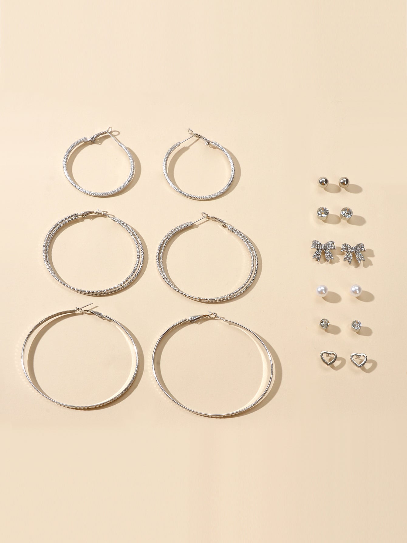 9 pairs Earrings set Rhinstone Ball Pearl Heart Bow Stud Gold Silver Hoop Jewelry-1