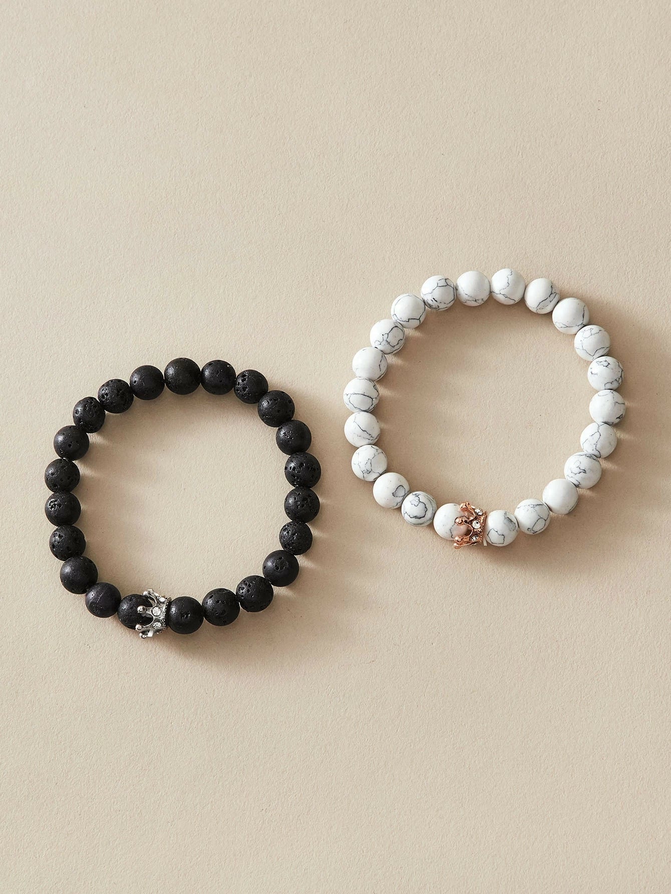 2pcs Crown Marble Lava Stone Beads Boho Ethnic Bracelet set Chunky Jewelry Gift-1