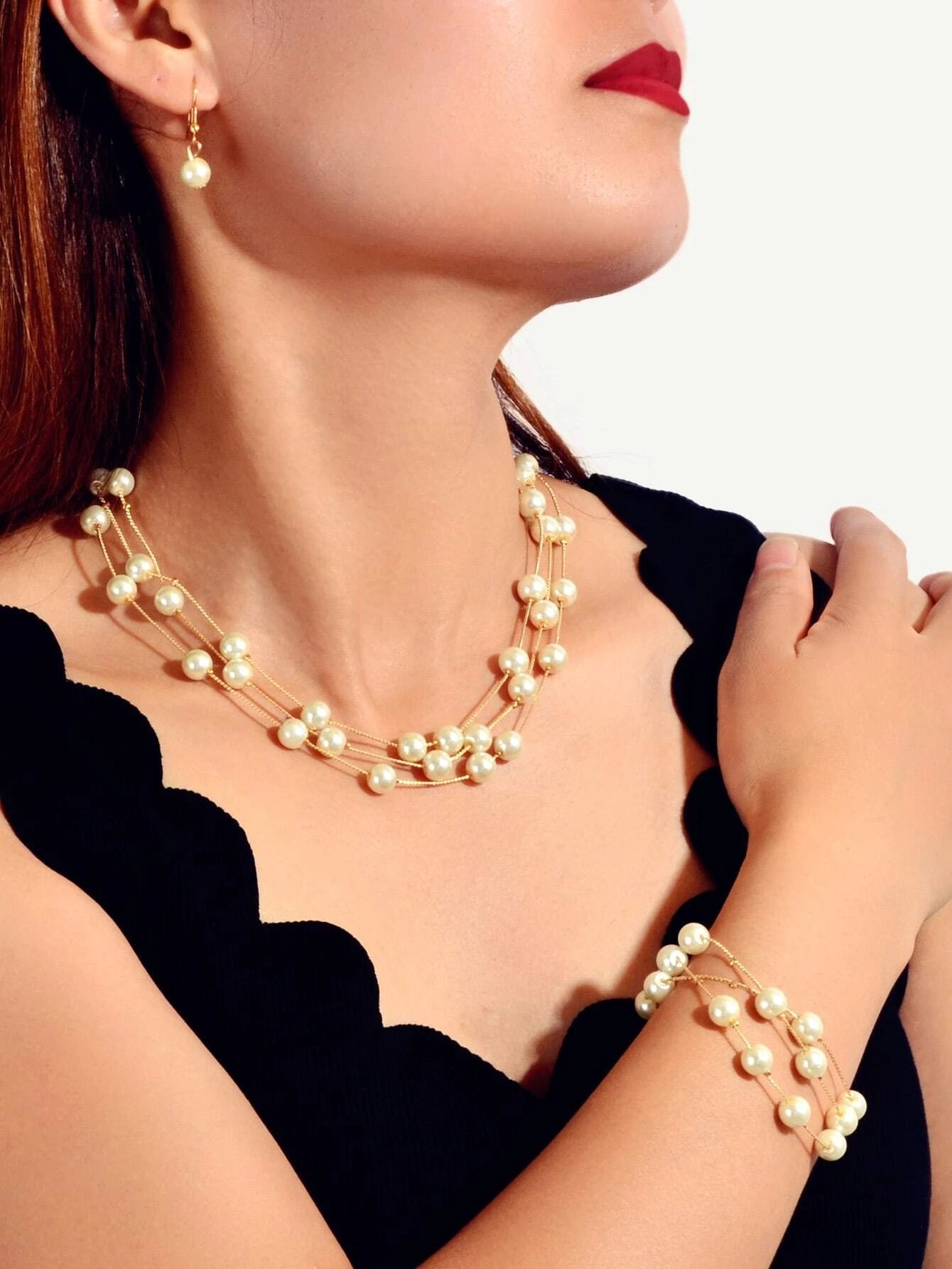 Jewellery set Pearl Decor Gold Multi-layer Chain Necklace Bracelet Drop Earrings-0