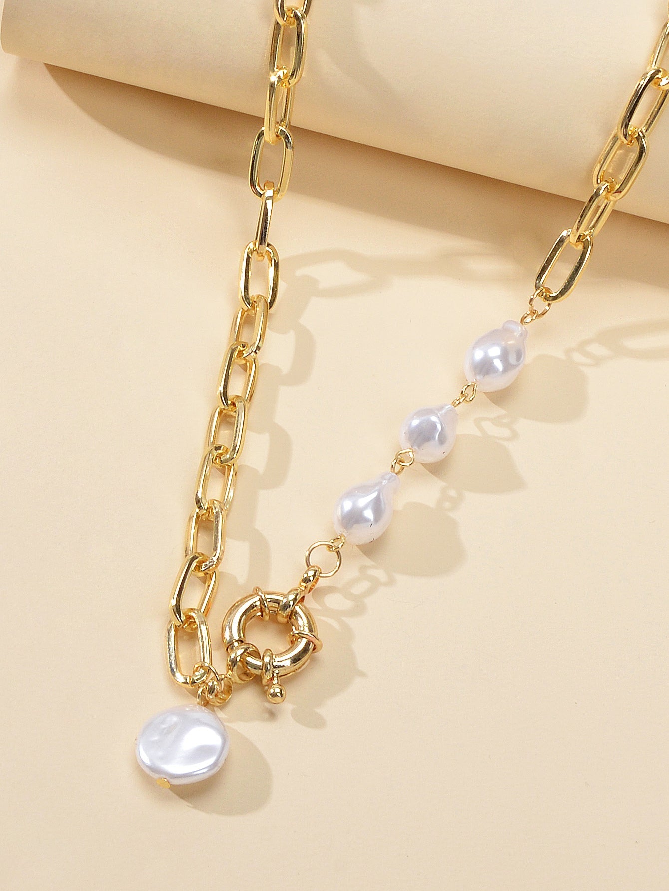 Statement Thick Pearl Decor Gold Chain Collar Necklace Women Party Decoration-2
