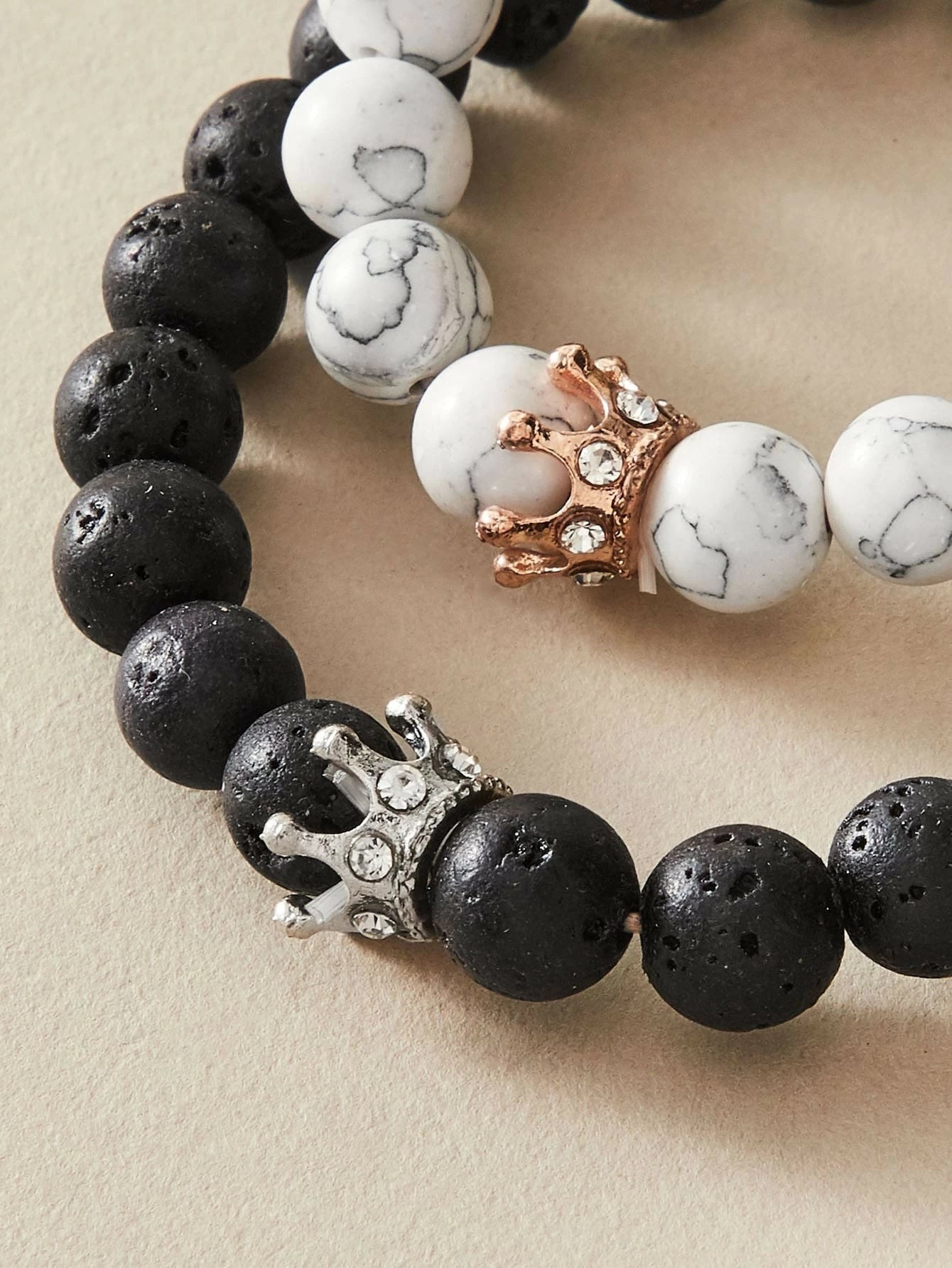 2pcs Crown Marble Lava Stone Beads Boho Ethnic Bracelet set Chunky Jewelry Gift-2