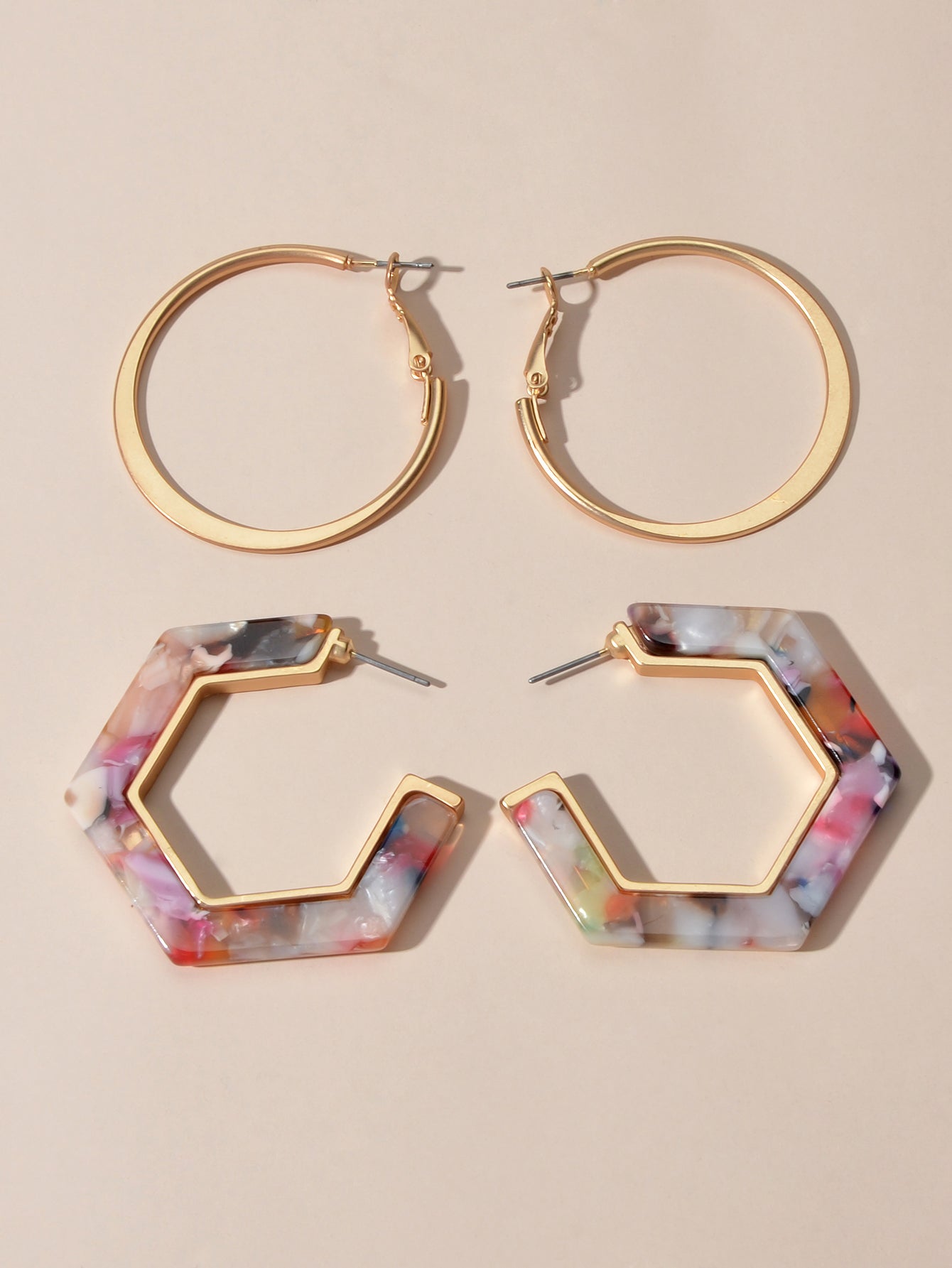 Boho Chic 2 pairs Multicolor Acrylic Square Circle Party Hoop Earrings set Gift-2