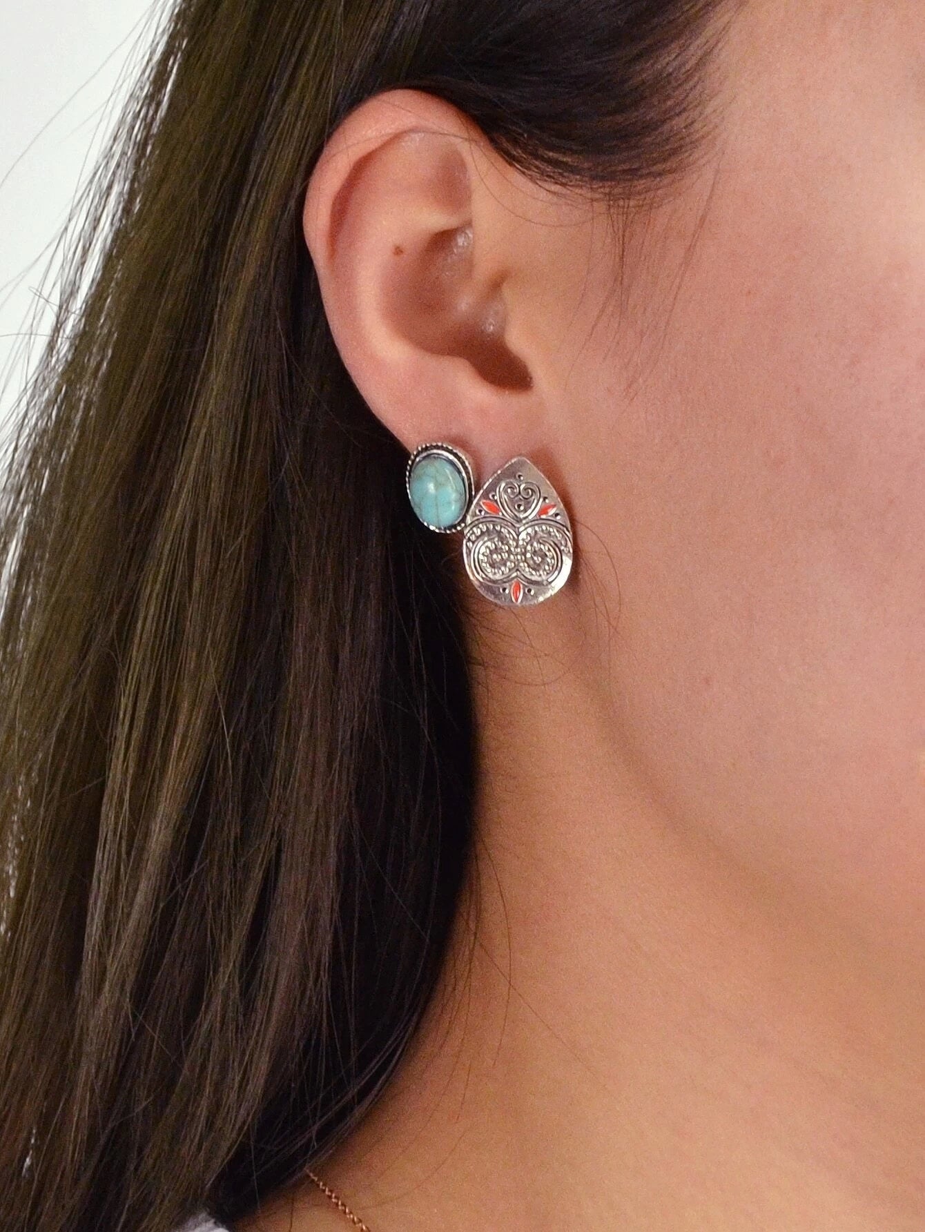 6 Pairs Designer Traditional Antique Silver Geometric Turquoise Stud Earrings-2