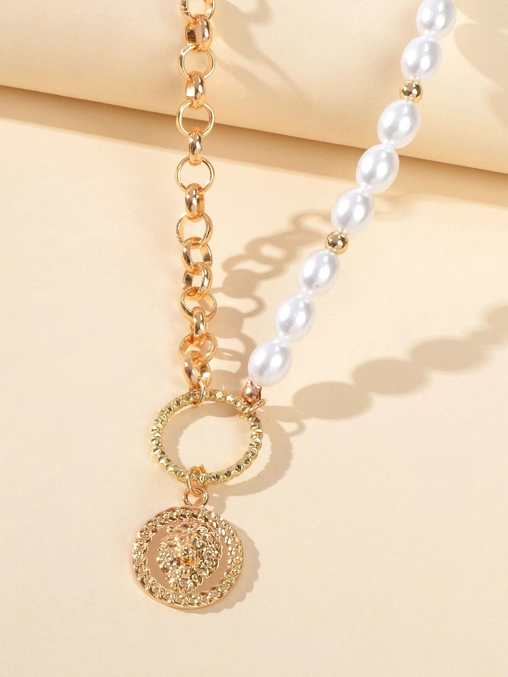 Gold Chain with Pearl Lion Head Round Pendant Necklace Chunky Gothic Jewellery-2