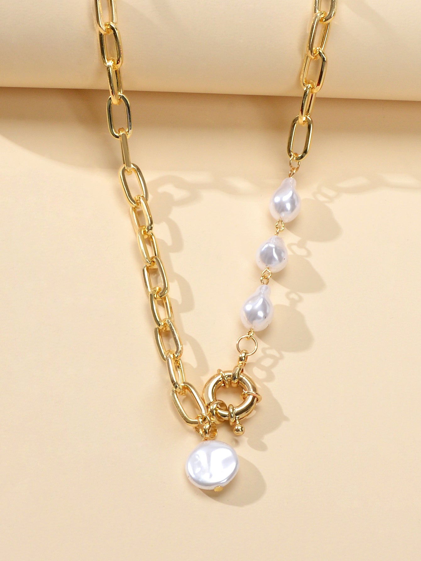 Statement Thick Pearl Decor Gold Chain Collar Necklace Women Party Decoration-3