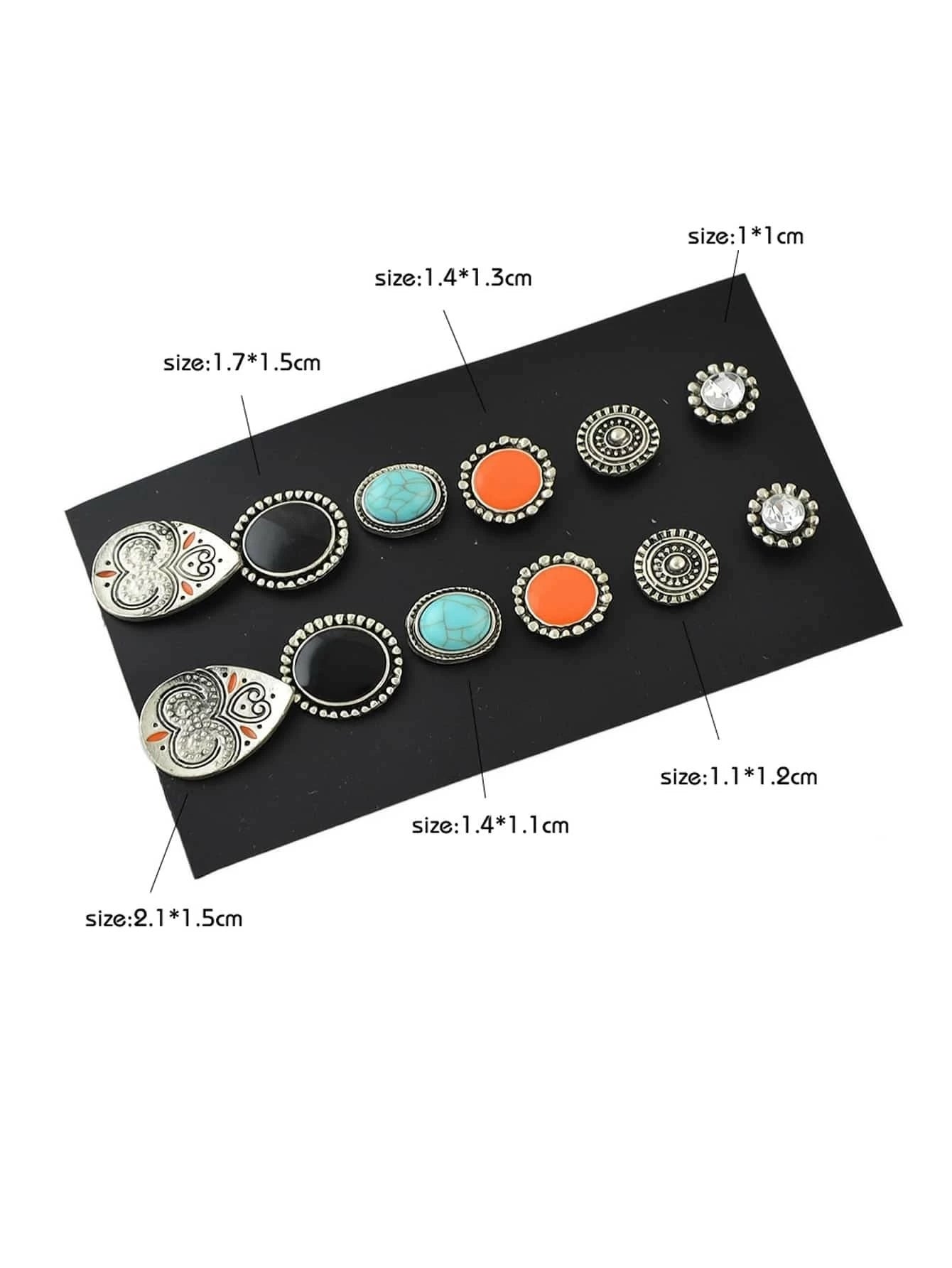 6 Pairs Designer Traditional Antique Silver Geometric Turquoise Stud Earrings-3