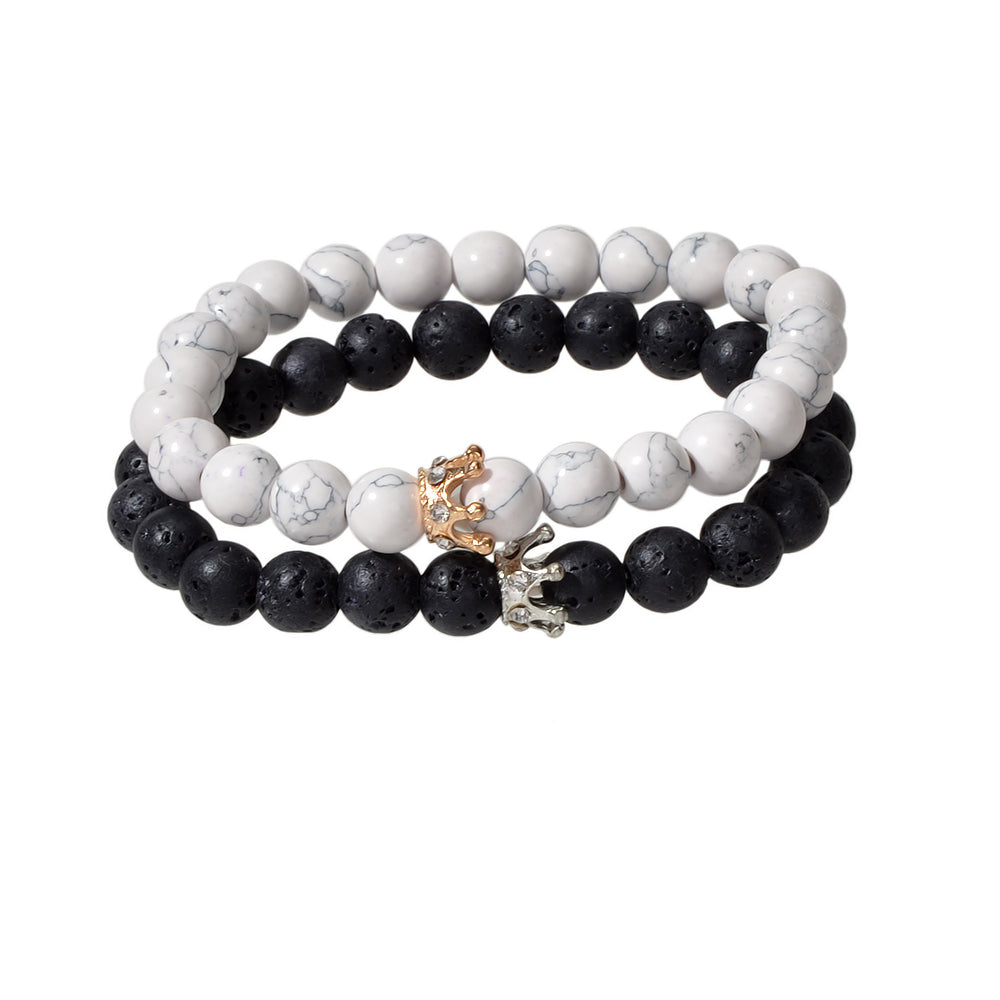 2pcs Crown Marble Lava Stone Beads Boho Ethnic Bracelet set Chunky Jewelry Gift-3
