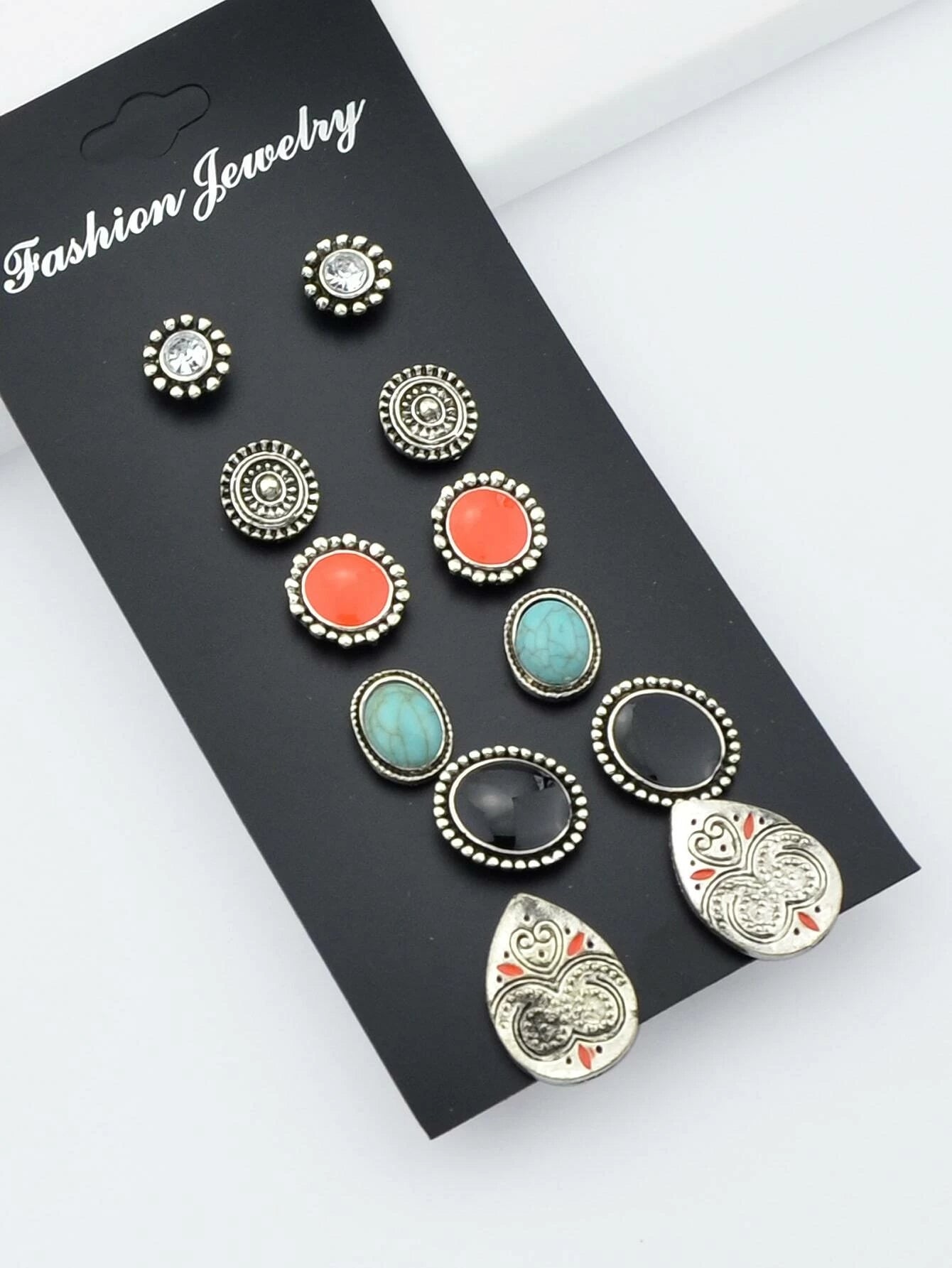 6 Pairs Designer Traditional Antique Silver Geometric Turquoise Stud Earrings-4
