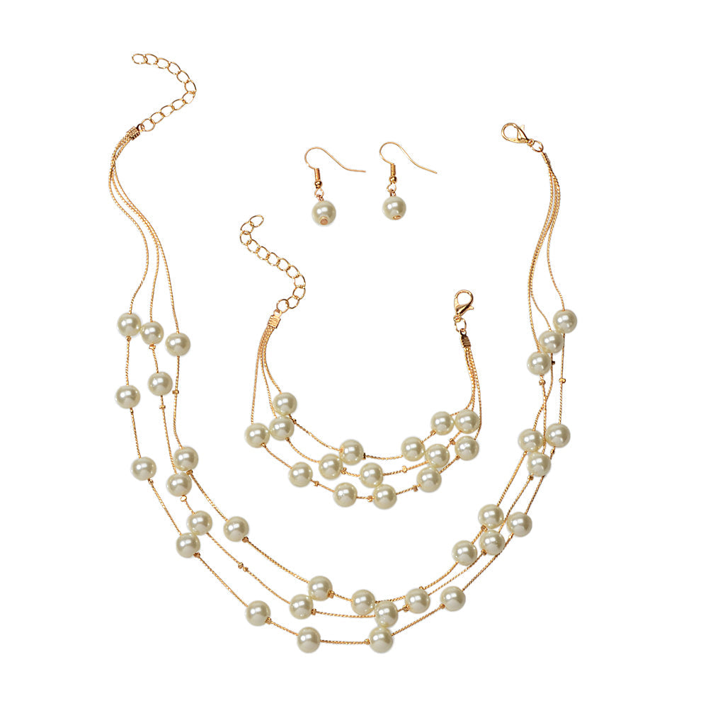 Jewellery set Pearl Decor Gold Multi-layer Chain Necklace Bracelet Drop Earrings-1