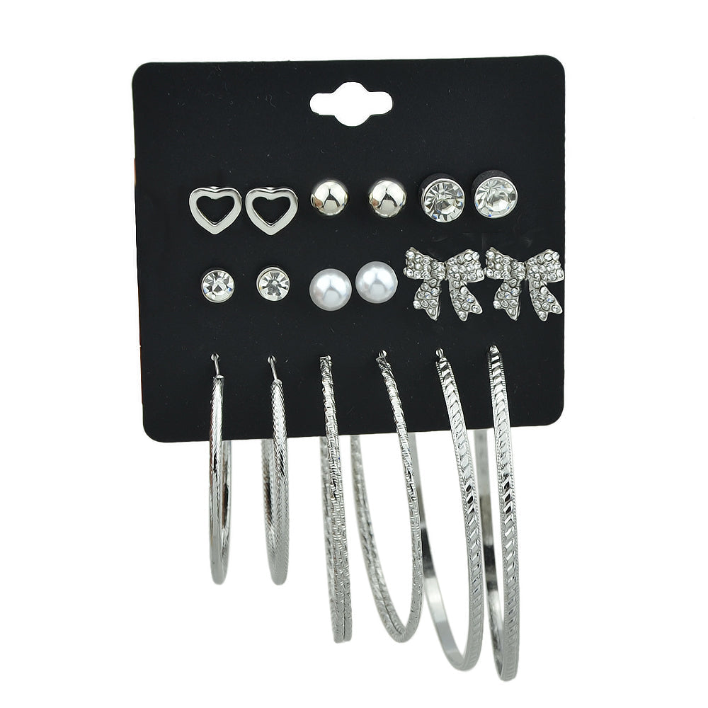 9 pairs Earrings set Rhinstone Ball Pearl Heart Bow Stud Gold Silver Hoop Jewelry-4