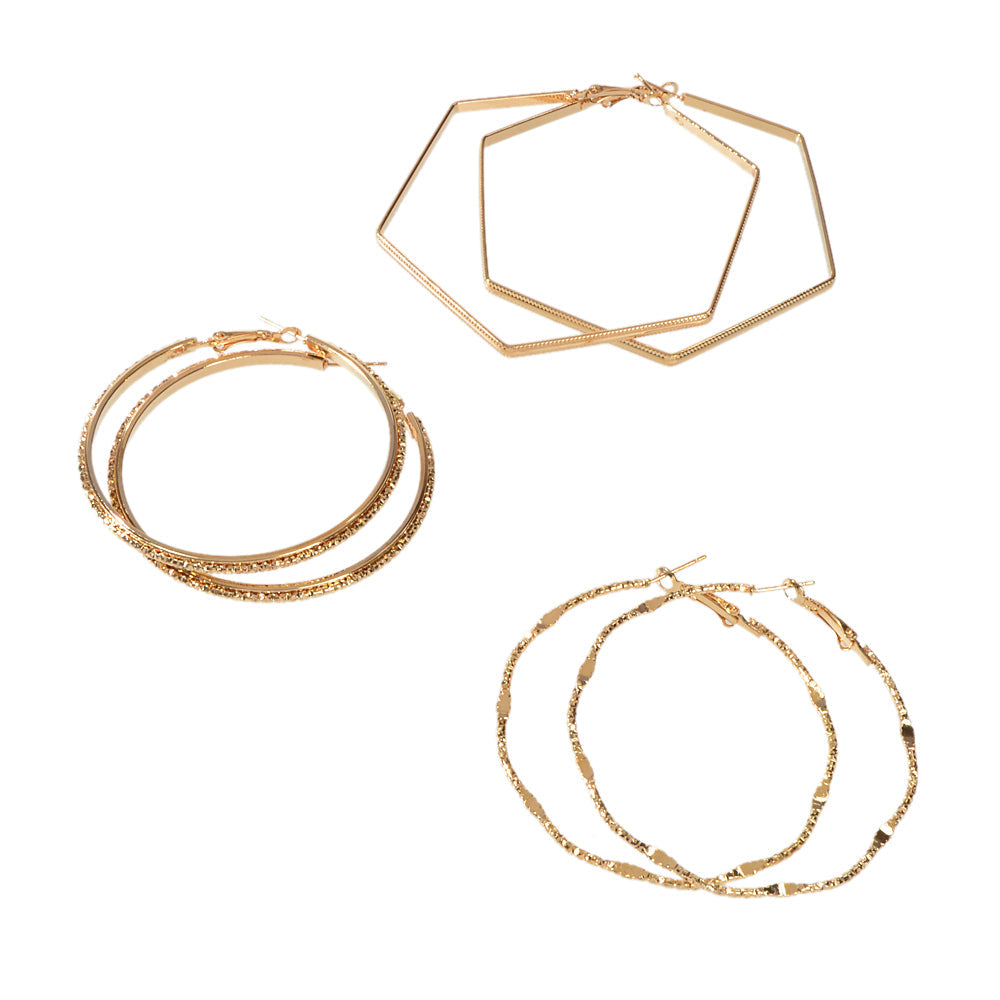 Statement 3pairs Gold Metal Circle Square Big Hoop Dangle Earrings set for Women-4